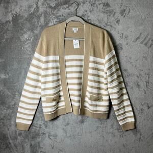 J.Crew Striped Cardigan LG Gold Button Pockets Nautical Khaki Ivory Texture New